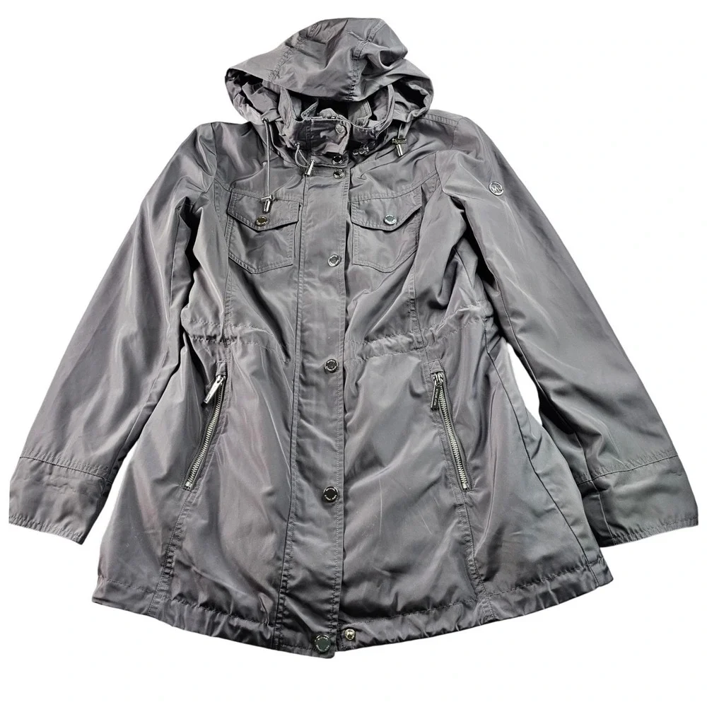 Michael Kors‎ Anorak Rain Coat Women's S Gray Long Sleeve Hooded Snap Inside Zip